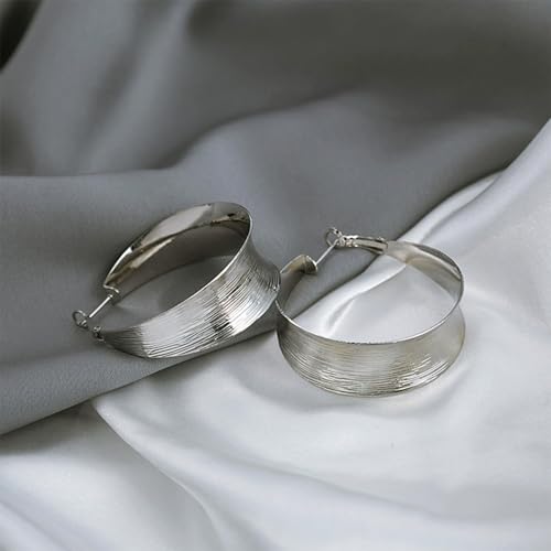 Chunky Gold Circular Statement Hoop Earrings Trendy Texture Large Piercing Dangle Drop Earrings - color: Silver