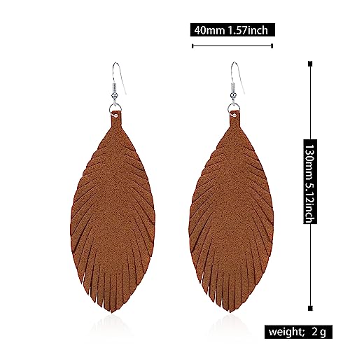 Large Genuine Soft leaf Leather Handmade Fringe Tassel Feather Lightweight Tear Drop Dangle Color Earrings for Women - color: Brown