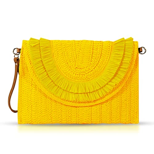 Crossbody Bags for Women, Straw Clutch Purses, Bohemian Handmade Woven Envelope Package, Tassel Handbags for Women | Bohemian - color: Yellow