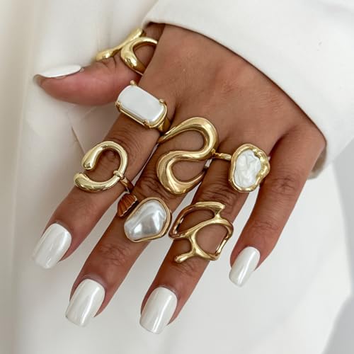 Chunky Gold Pearl Rings for Women Vintage Baroque Pearl Rings Set Open Stacking Pearls Ring Set Irregular Geometric Pearls Ring Boho Prom Costumes Fashion Jewelry Accessories - style: 7PCS