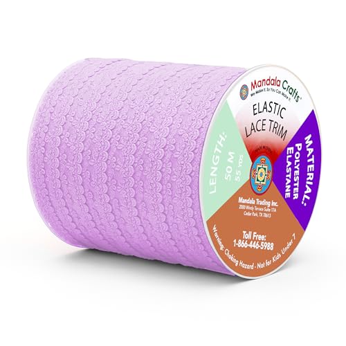 Mandala Crafts Lilac Stretch Lace Soft Elastic Trim Roll - 55 Yards 1 Inch Wide Stretchy Frilly Picot Ribbon for Sewing Lingerie, Headbands, Underwear, and Crafts - color: Lilac