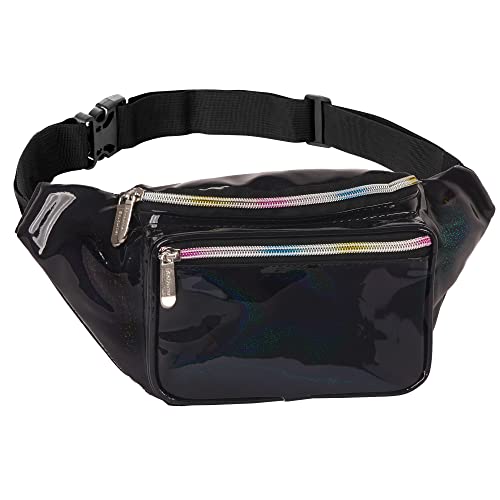 Black Holographic Fanny Pack Belt bag - Crossbody Waist Bag for Men or Women - Hands-Free, Waterproof Large Bumbag for Hiking, Running, and Travel - color: Glitter - Black