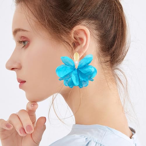 Handmade Fabric Flower Petal Fringe Dangle Drop Earrings Bohemian Floral Tassel Stud Earrings For Women - color: Sky Blue