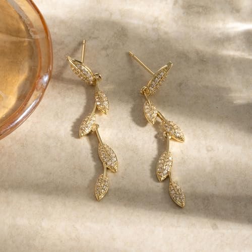 LLWOM 14K Gold/White Gold Plated CZ/Flower/North Star/Leaf Dangle Drop Earrings Studs for Women, Statement Earrings for Wedding Party Prom, Hypoallergenic Jewelry Gift - color: Gold Leaf