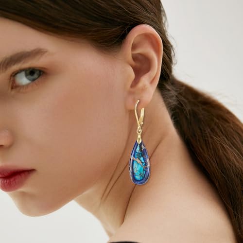 XGALBLA Boho Long Teardrop Stone Dangle Drop Earrings for Women Natural Healing Stone Leverback Earrings Statement Gold Tone - color: lighe and Deep Blue- Golden Leverback
