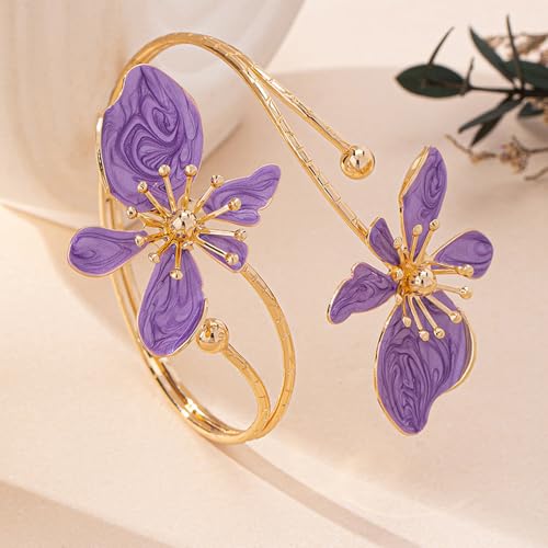 Flower Arm Cuff Bracelets for Women Adjustable Gold Upper ArmBand Jewelry Boho Floral Open Wrap Statement Bangle Bracelet Arm Cuff Jewelry Gifts for Women - color: Purple