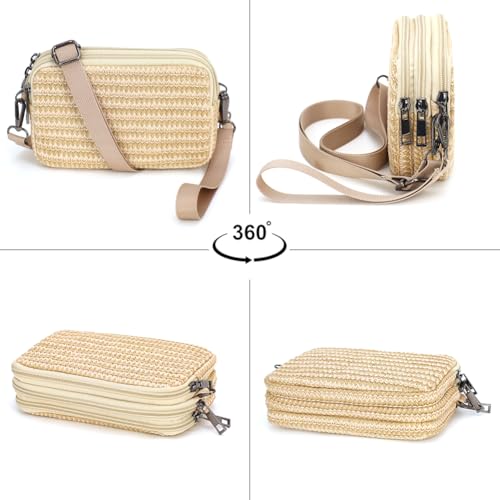 Small Wristlet Wallet for Women, 3-Zip Crossbody Phone Purse - color: Natural/Pp Straw