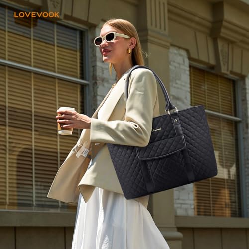 LOVEVOOK Laptop Tote Bag for Women 15.6 Inch,Waterproof Computer Bag for Laptop for Womens,Quilted Travel Work Tote Bags for Women,Stylish Laptop Bag Purse with Luggage Sleeve for Teacher,Nurse,Office - color: Black(quilted)-2, size: 15.6 Inch