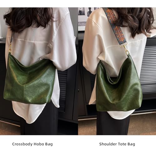 Hobo Bags for Women Crossbody Bag Guitar Strap Purse Vegan Leather Shoulder Handbags Boho Purses Tote Bucket Bag - color: Green