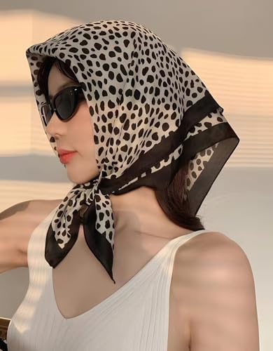 CHUNG Women's Scarf Hair Bandanas Square 27.5" Satin Wrap Fashion Pattern Scarves Emulation Silk Handbag Ribbons Necktie - color: Black White Leopard