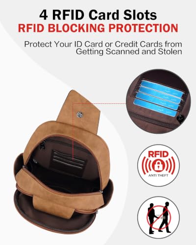 FADEON Large Sling Bag for Women, Leather Crossbody Purse Designer Anti Theft Sling Backpack, RFID Fanny Packs for Travel - color: Camel Brown Nubuck Style