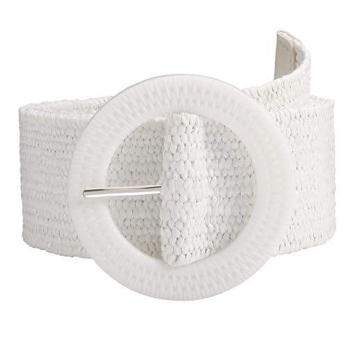 SUOSDEY Straw Woven stretchy Waist Belt for Women Dresses,Wide Boho Braided Elastic Belt with Round Buckle - color: 04-white, size: Fits waist from 33"-37"