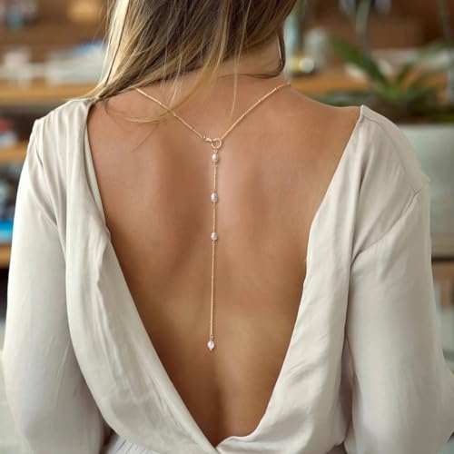 Pearls Back Chain Necklace for Backless Dress Bridal Wedding Backdrop Necklace for Women Gold Long Pearl Body Chain