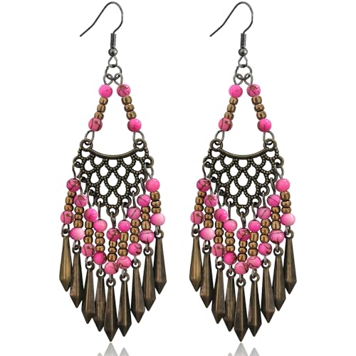 Handmade Vintage Bronze Bohemian Long Tassel Colorful Bead Dangle Drop Earrings Big Tribal Chandelier Geometry Hook Earrings for Women Statement Jewelry Gifts - color: Pink