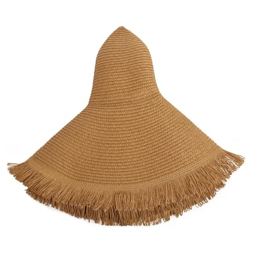Wide Brim Fashion Boho Fringe Foldable Straw Hat Beach Hat UPF50+UV Protection Summer Hat Sun Hats for Women Travel - color: Khaki