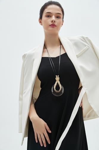 GelConnie Leather Necklace for Women Large Pendant Long Brown Necklace Circle Leather Choker Vintage Sweater Necklace Gold Chunky Boho Necklaces for Women - style: Black Stone Beads Necklace