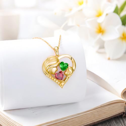 Mothers Day Gifts 14K Yellow Gold Mother Daughter Heart Pendant Necklace with 12 Months Birthstone Birthday Gifts for Mom Anniversarry Jewelry for Mom Wife Girlfriend - color: 01-05-Jan-May Birthstone