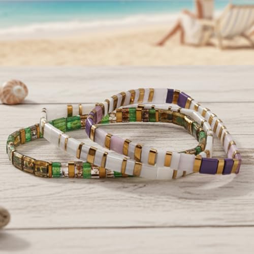 Tila Flat Square Stack Beaded Bracelets Set for Women Men, Boho 3Pcs Romantic Handmade Healing Gold Colorful Stretch Accessories Jewelry, Daily Vacation Party Holiday Friendship Gift - color: Purple White Green