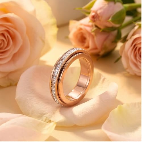 6mm Titanium Fidget Rings for Women Anxiety Relasing, Full Cubic Zirconia Ring Eternity Wedding Band Ring Love Statement Jewelry, Hypoallergenic Stainless Steel Gold Rings for Women No Tarnish - color: rose gold-fidget