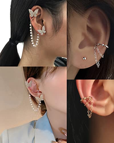 Tornito 6-12Pcs Cuff Earring Chain Leaf Snowflake Star Butterfly with CZ Crawler Climber Earring Studs Drop Dangling Chain Wrap Tassel Earring for Women Men 20G Silver Gold Tone - color: E:Gold Tone