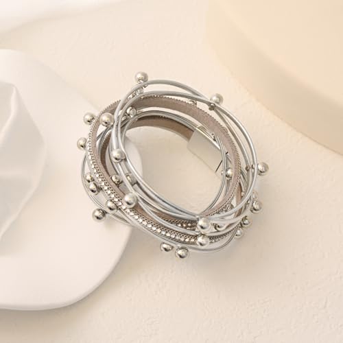 VIBILIA Boho Leather Wrap Bracelets for Women Multi-Layer Bracelets with Strong Clasp Jewelry for Women - color: 07-Beads-Silver