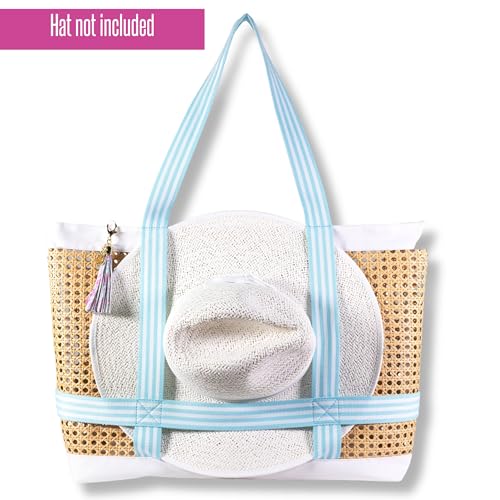 Lilly Pulitzer Travel Tote Bag with Hat Holder Strap, Caning Beach Bag with Tassel Keychain - color: Beachside Haven