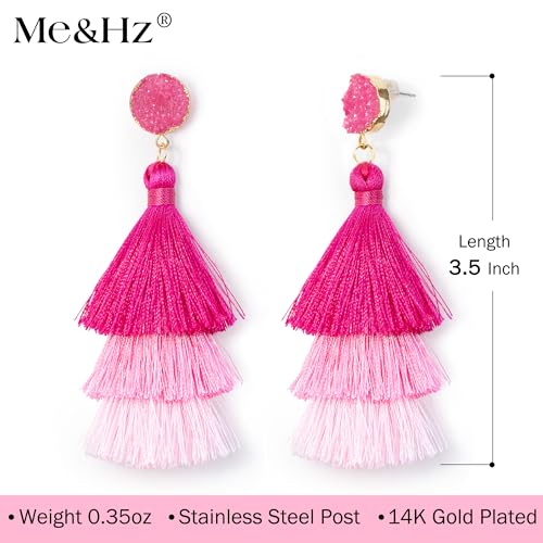 Me&Hz Colorful Layered Tassel Earrings Bohemian Statement Tiered Tassel Big Dangle Drop Earrings for Women Druzy Studs Valentine’s Day Gift - color: Pink ombre