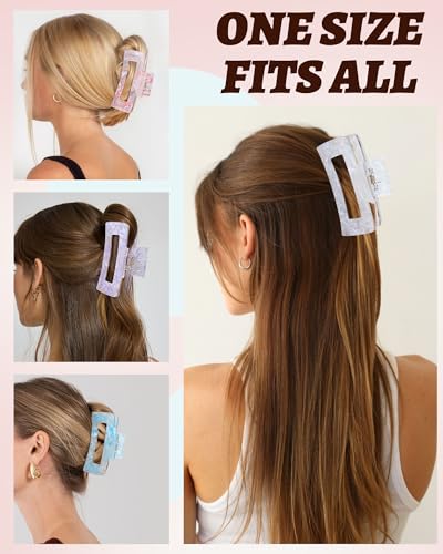 4Pcs Large Acrylic Hair Claw Clips, Nonslip Cute Hair Clips for Thick Hair and Long Hair, Rectangle Marble Claw Clips Hair Accessories for Women and Girls - color: White + Purple + Red + Blue