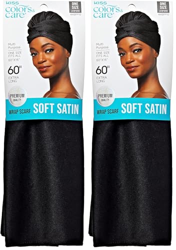 KISS COLORS & CARE Satin Scarf, Black | Soft Texture | Multi-Purpose | Prevents Hair Breakage - size: 2 Count, style: Black