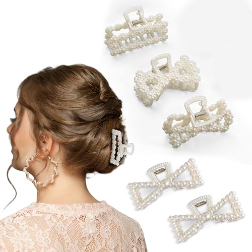 5 PCS Simulated Pearl Hair Claw Clips for Women | Multi-Use Barrettes for Thin Hair with Non-Slip Strong Hold | Barrettes for Thick & Curly Hair Accessories | Flat Claw Clips for Women, Off-White - color: 5 Pcs Mix