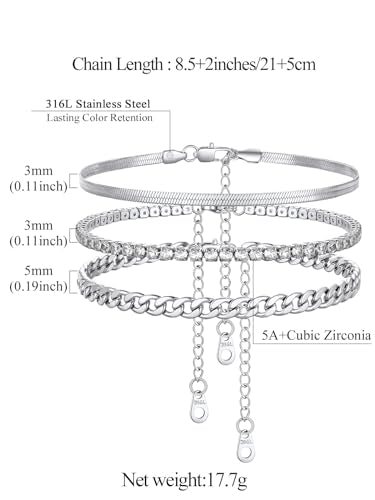 FindChic Black/Silver/Gold Plated Anklets Set of 2PCS/3PCS Herringbone Chain Cuban Link Heart Charm Sparkling Tennis Ankle Bracelets, Waterproof Summer Foot Jewelry for Beach - color: 06. Silver-3PCS Herringbone & Tennis & Cuban