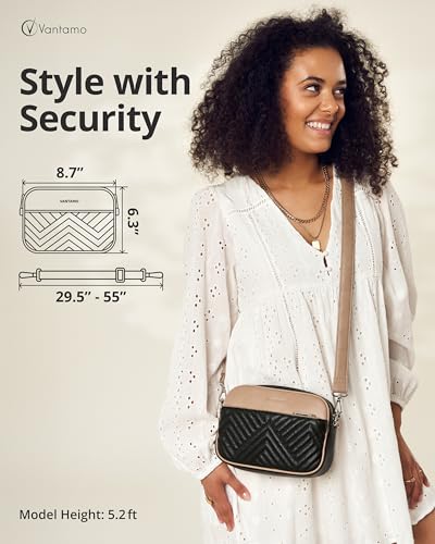 Vantamo Premium Quilted Crossbody Bags for Women with Anti-Pickpocket Clip, Vegan Leather Handbags, Travel Purses for Women - color: Black & Stone With Faux Leather Strap