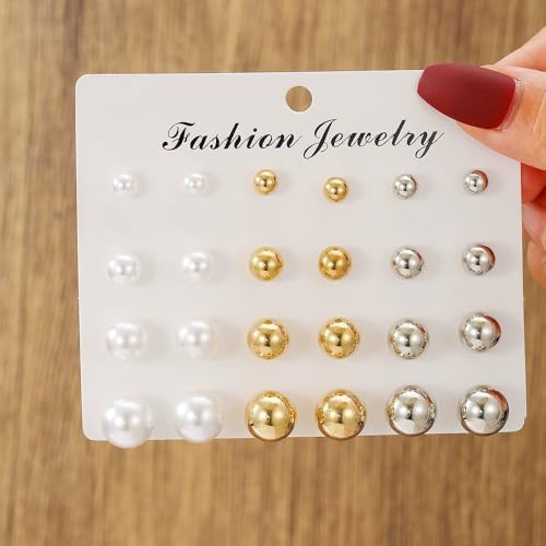 Multi-Color Stud Earrings Set for Women- Several Sizes Colors Rhinestone Faux Pearl Earrings, Daily Wear/Party Jewelry, Hypoallergenic Posts - style: 12 pairs Pearl