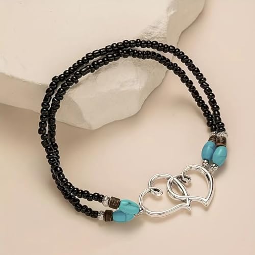 Ankle Bracelets for Women Waterproof Elastic Heart Anklet Stretchy Ankle Bracelets Colorful Beaded Anklets Boho Ankle Bracelets Silver Beach Anklet Jewelry Accessories for Summer - color: Silver Black Anklets