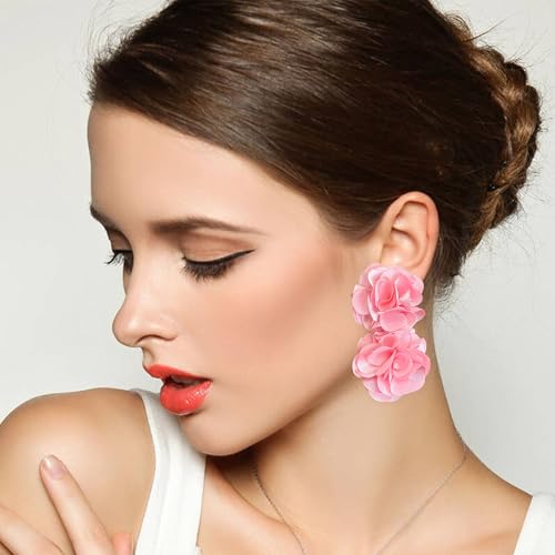 Oversized Fabric Flower Earrings for Women Statement Boho Chic Dangle Drop Earrings for Parties Weddings or Everyday Wear - color: Pink