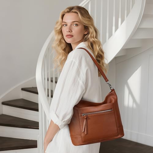 befen Genuine Leather Crossbody Hobo Purse for Women Soft Lightweight Leather Handbags with 2 Removable Straps - color: M-cognac Brown