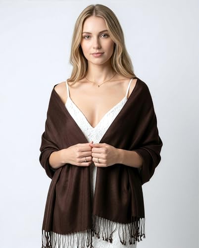 Achillea Lightweight Pashmina Scarf for Women – Soft Silky Shawl Wrap for Evening Dresses, Bridesmaids & Everyday Wear - color: Chocolate Brown