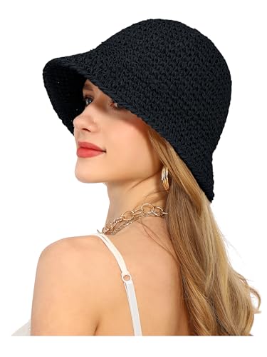 Womens Sun Hat Handmade Straw Bucket UV Protection Travel Summer Beach Cap - color: Black
