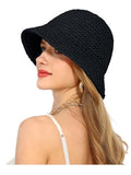 Womens Sun Hat Handmade Straw Bucket UV Protection Travel Summer Beach Cap - color: Black