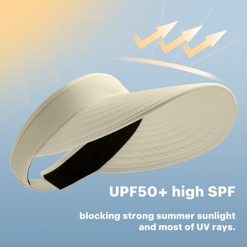 WANDER Sun Visor Hats for Women Wide Brim UV Protection Adjustable Large Golf Beach Cap Packable Travel Sport Visor - color: Light Khaki