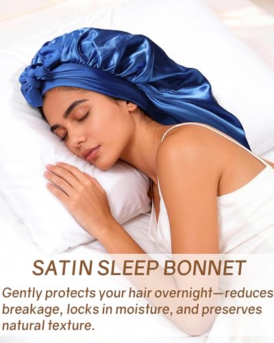 AWAYTR Long Satin Bonnet for Braids - Elastic Silk Hair Bonnets for Sleeping Night Cap Stretchy Tie Band for Women（Royal Blue） - color: Royal Blue