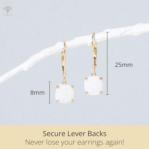 14k White or Yellow Gold Cushion Cut Gemstone Dangle Earrings for Women with 8mm Birthstones by MAX + STONE - color: Created-Opal