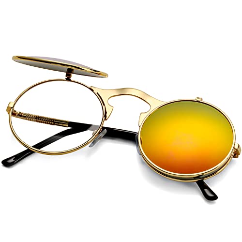 AIEYEZO Round Flip Up Sunglasses for Men and Women Rave Flip Glasses 90's Retro Steampunk Style - color: Gold/Red Mirror