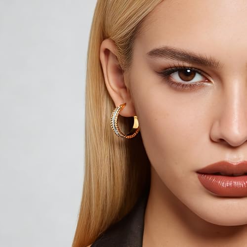 Chunky Gold Hoop Earrings for Women - 14k Gold Plated Twisted Rope Thick Hoops, Lightweight Hypoallergenic Small Hoop Earrings, Trendy Fashion Jewelry Gifts - color: two tone