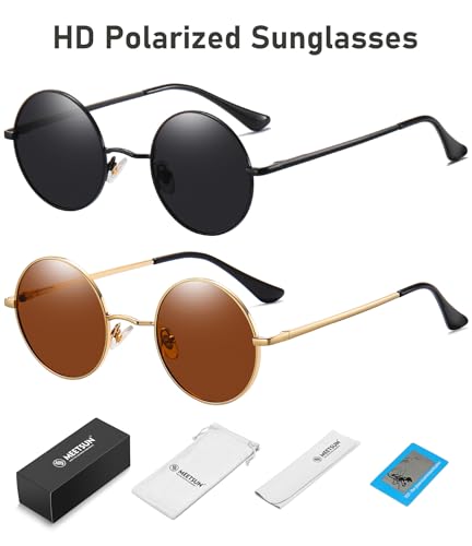 MEETSUN Small Round Polarized Sunglasses for Men Women Metal Retro Hippie Circle Sun Glasses Driving Festival Cosplay UV400 - color: Black / Gray + Gold / Brown