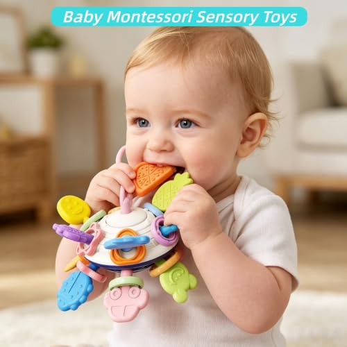 ELLECK Baby Toys 6-12 Months, Montessori Toys for Toddlers 1-3 Year Old, Busy Cube Teether Infants Bath 6 in 1 Stacking Blocks Rings, Suction Cup Spinner, Shape Bin Sensory (0035)