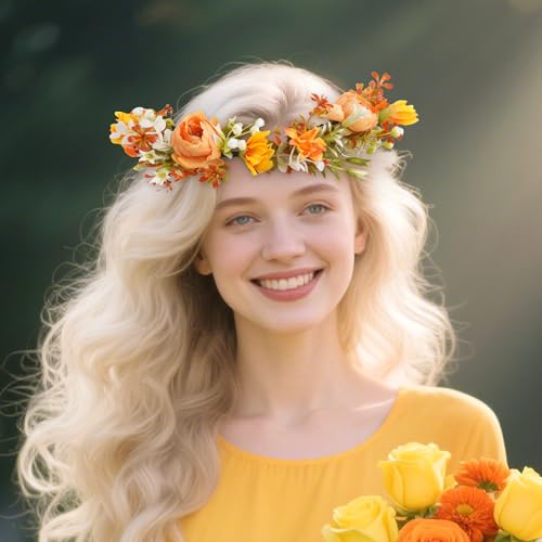 Orange Flower Crown Headband, Artificial Boho Daisy Floral Headpiece, Adjustable Fairy Woodland Flower Crown for Women Girls Renaissance Birthday Bride Wedding Party Hair Accessories - color: Daisy Orange