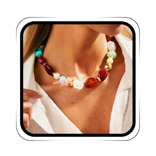 ACEDRE Colorful Beaded Necklace Chunky Acrylic Gemstone Chokers Boho Statement Jewelry for Women