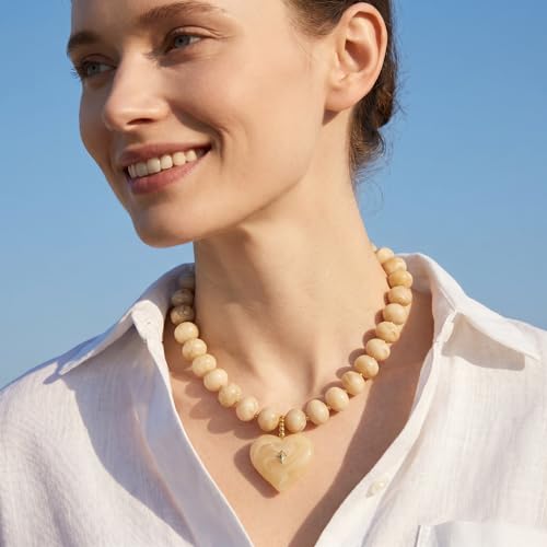 Elegance 11 designs Chunky Heart Necklace for Women, Colorful Acrylic Beaded Statement Puff Heart Necklace, Cute Boho Y2K Choker Necklace for Gift Jewelry - color: Beige