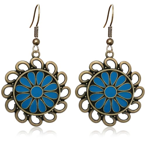Bohemian Lightweight Vintage Copper Enamel Flower Hollow Dangle Drop Earrings Handmade Retro Circle Floral Hook Earrings For WomenJewelry Gifts - color: Blue